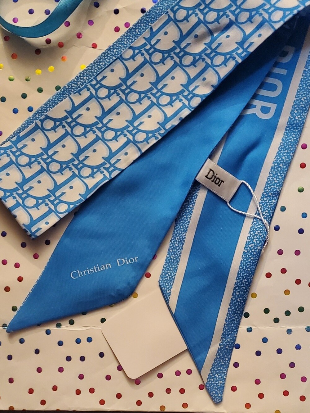 Skinny Bag Twilly, Scarf, Hairtie, Blue and White Silk